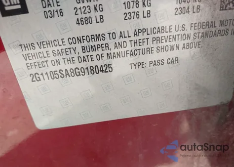 2016 Chevrolet Impala 1Lt from USA, damaged, VIN 2G1105SA8G9180425